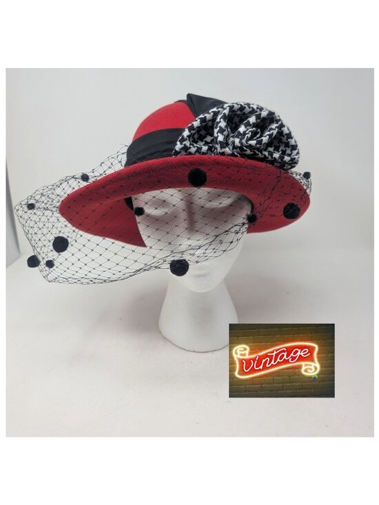 Vintage Whittall & Shon Red Felt Hat Black Veil Bow 80s main image 4